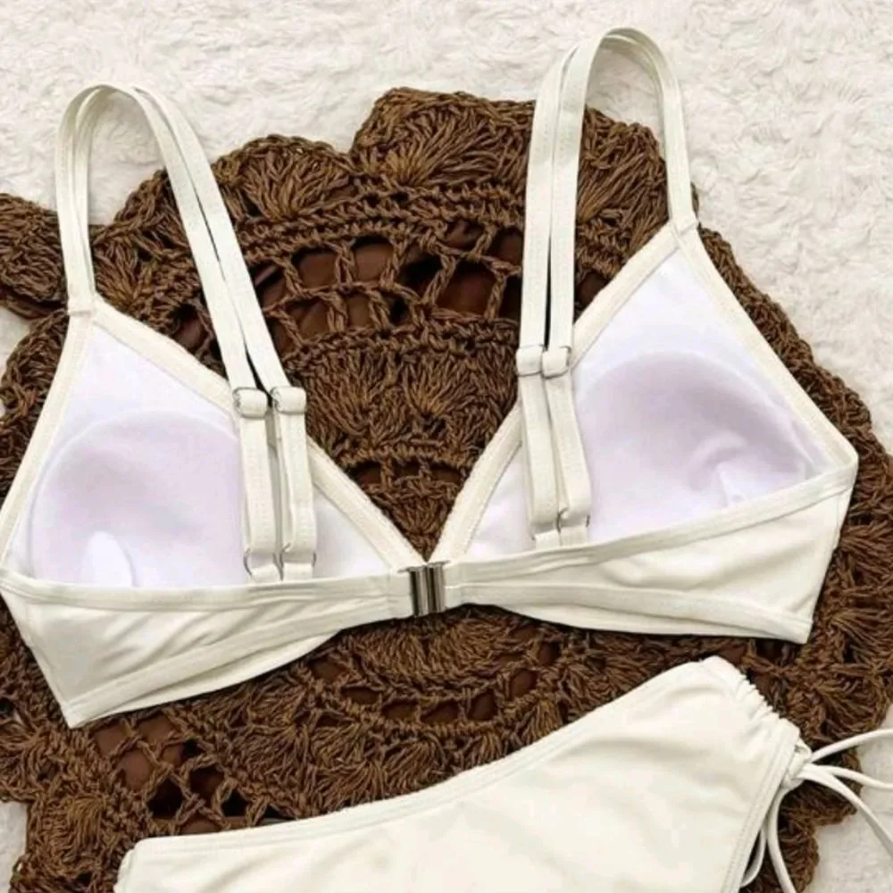 Crochet Floral Trim White Bikini Set For Women Sz M
